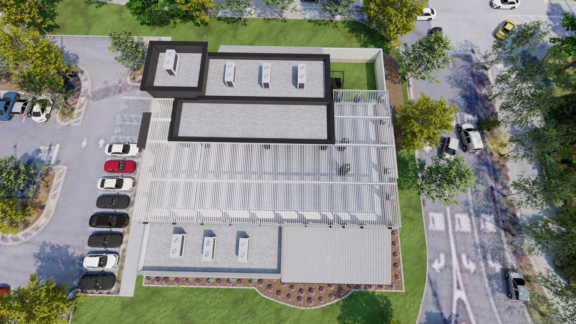 Aerial top-down rendering of Tommy's Tavern & Tap Edison showing the planned R-Blade louvered roof installed across the full rooftop footprint
