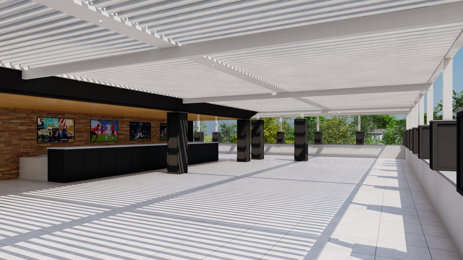 Interior design rendering of Tommy's Tavern & Tap Edison rooftop bar with TV walls, black structural columns, and white motorized aluminum louvers overhead in closed position