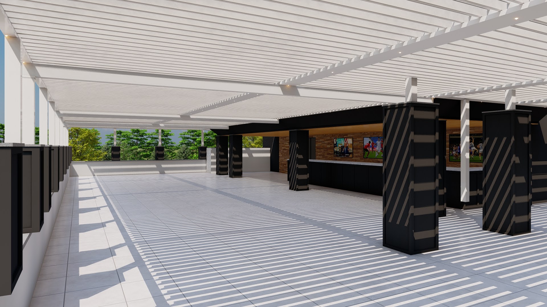 Interior rendering of Tommy's Tavern & Tap Edison rooftop dining floor at angle — black columns, white louvered roof closed, bar visible at right with three TV monitors