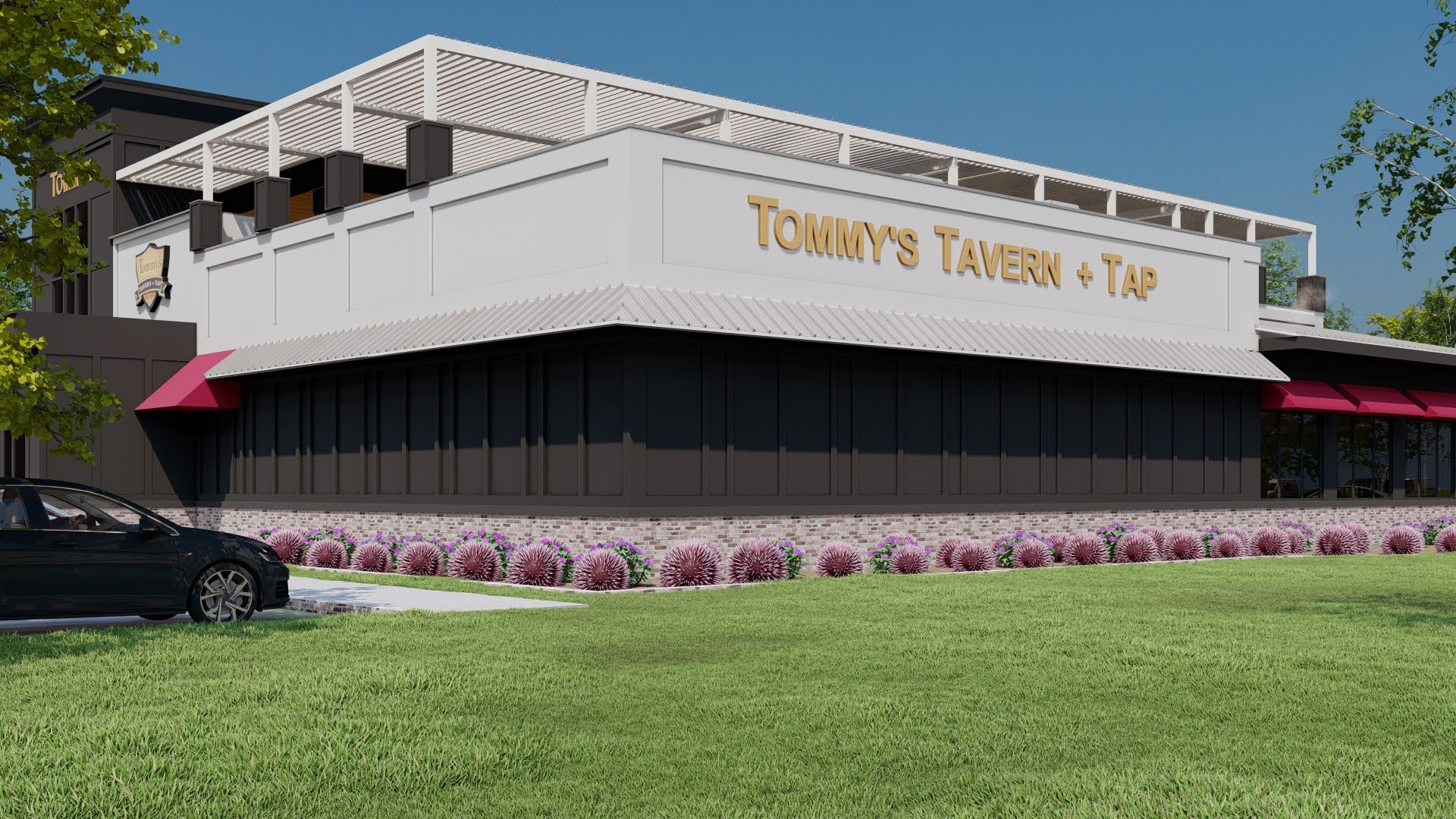 Exterior street-level rendering of Tommy's Tavern & Tap Edison showing the rooftop louvered roof system with the brand signage visible from outside the building