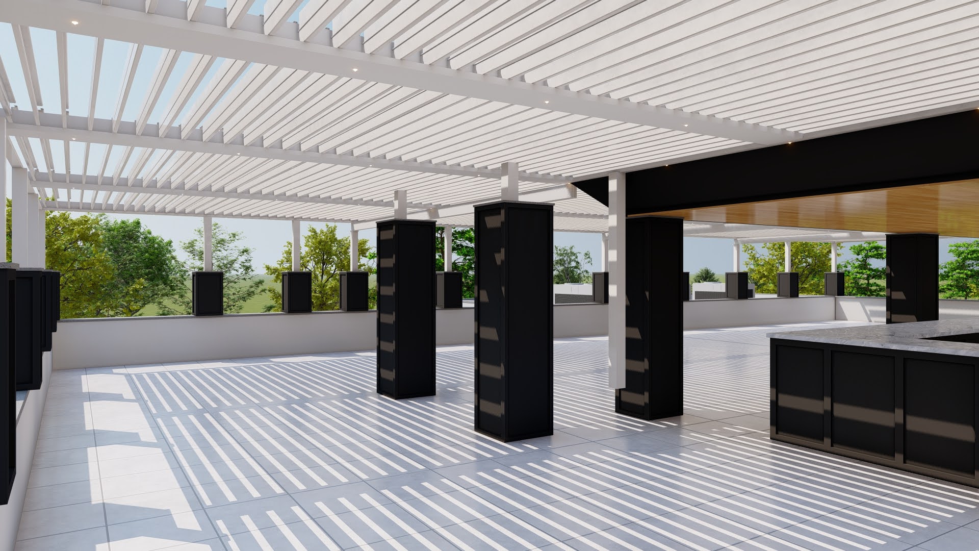 Interior design rendering of Tommy's Tavern & Tap Edison rooftop with R-Blade louvers in fully open position showing sky and trees through the gaps with dappled sunlight on the floor