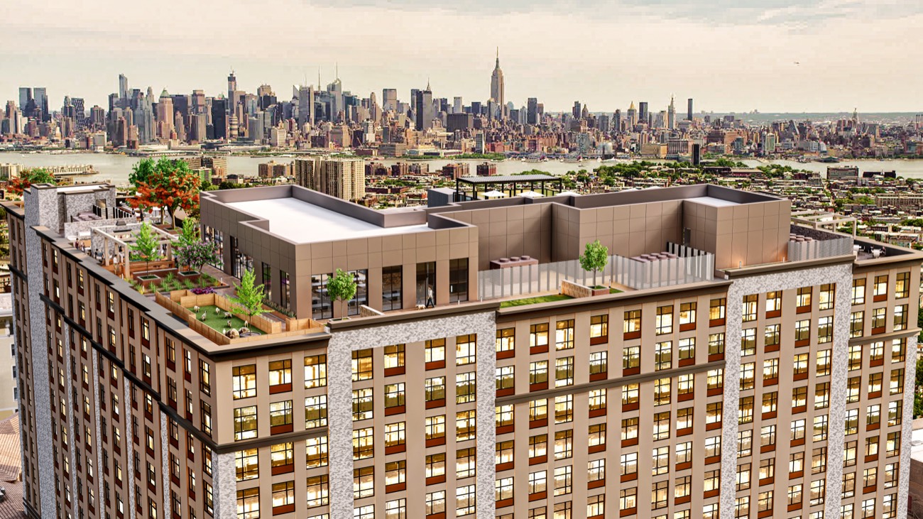 Rendering of a rooftop deck with landscaped seating areas atop a Jersey City residential tower, facing the Manhattan skyline