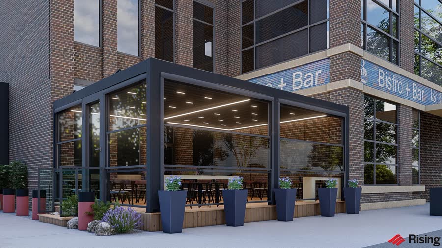 3D rendering of restaurant with motorized louvered roof over outdoor dining