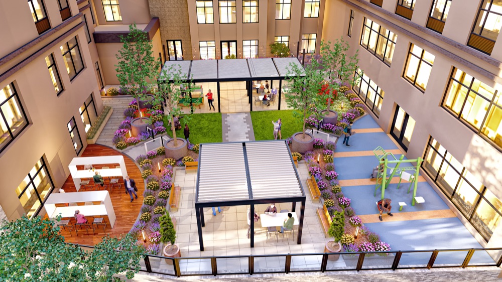 Hospitality courtyard with motorized pergola