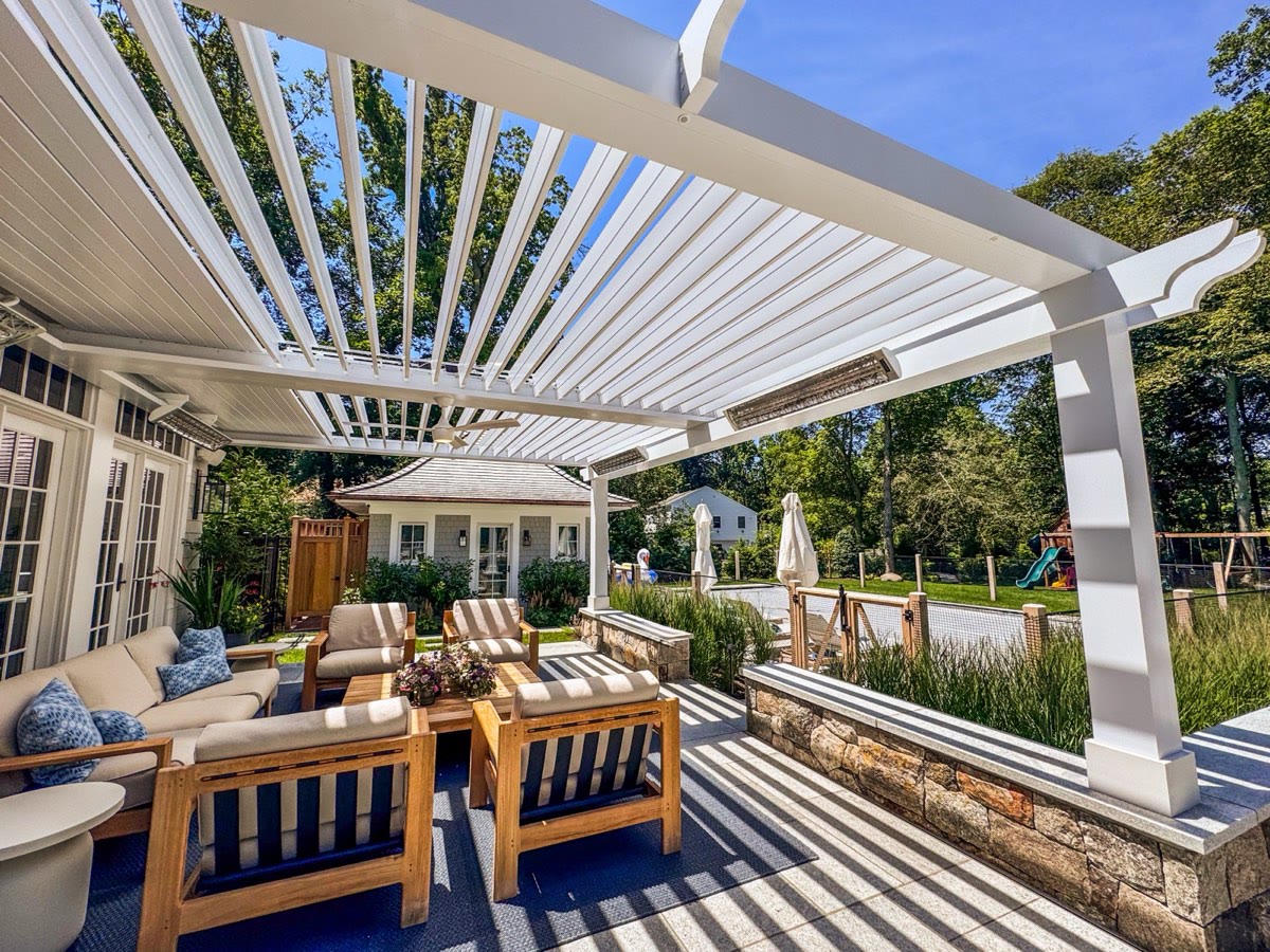 Classic-style louvered roof with sculpted rafter tails and custom columns — Riverside, CT