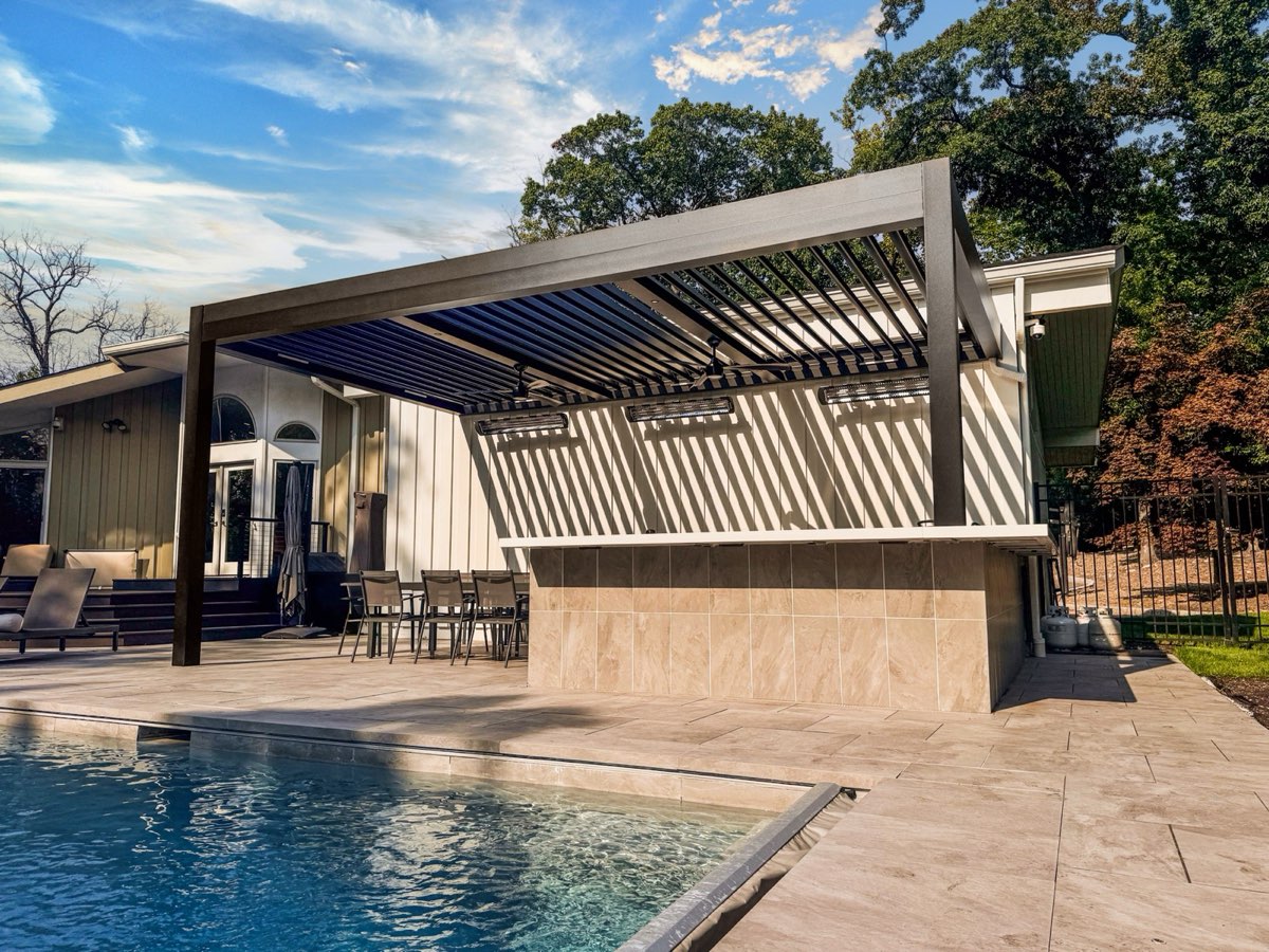 Black louvered pergola Tenafly NJ