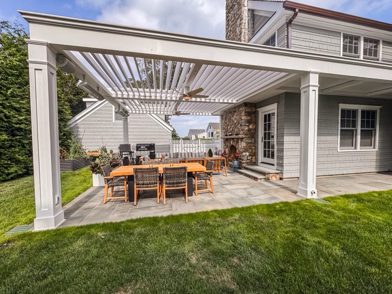 Custom transitional pergola with columns matched to the home — New Canaan, CT