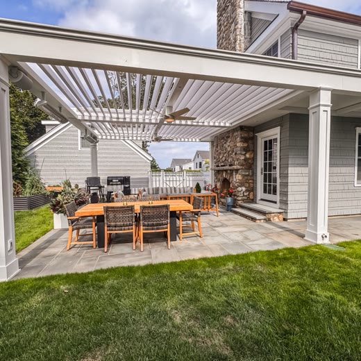 Custom transitional-style pergola matching the home&rsquo;s architecture — New Canaan, CT