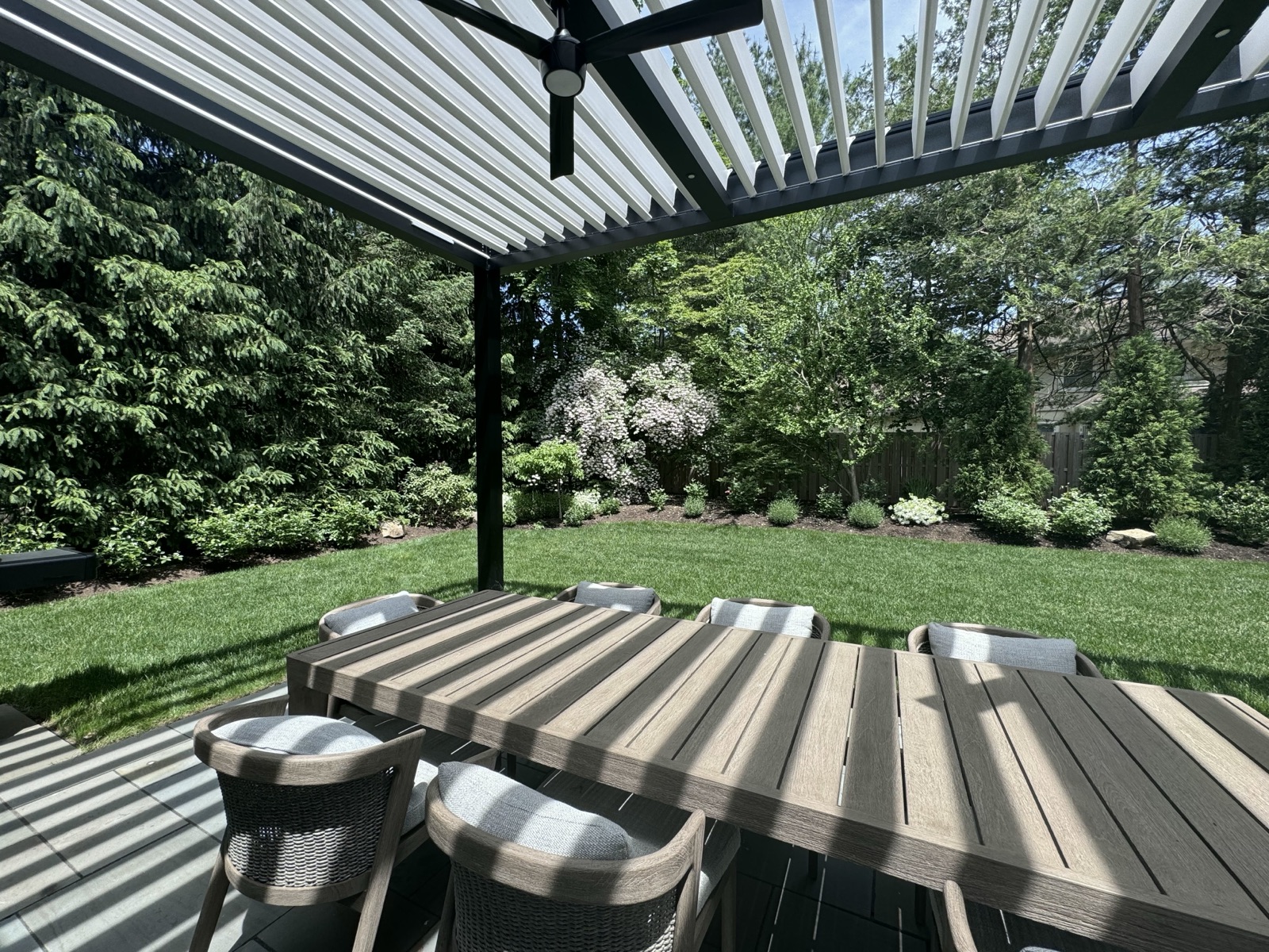 Demarest, NJ modern aluminum louvered roof — custom azek packout — detail view