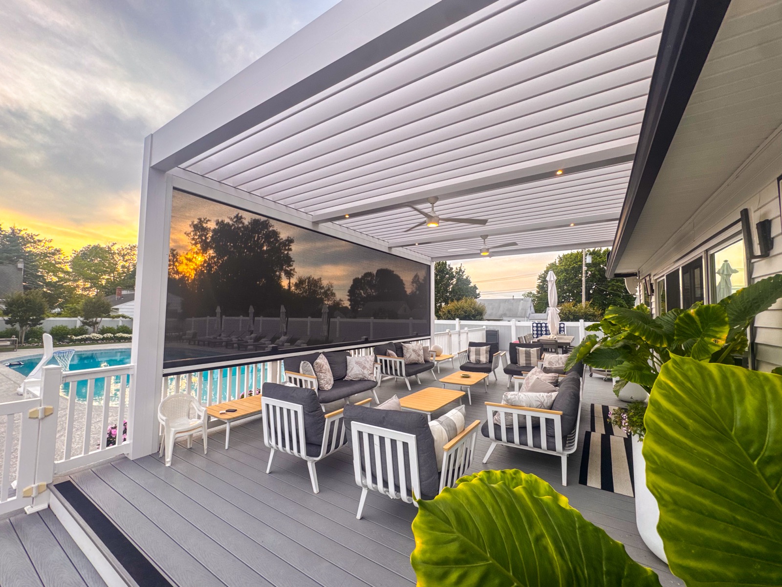 modern poolside pergola — motorized retractable shade pergola in Long Branch, NJ