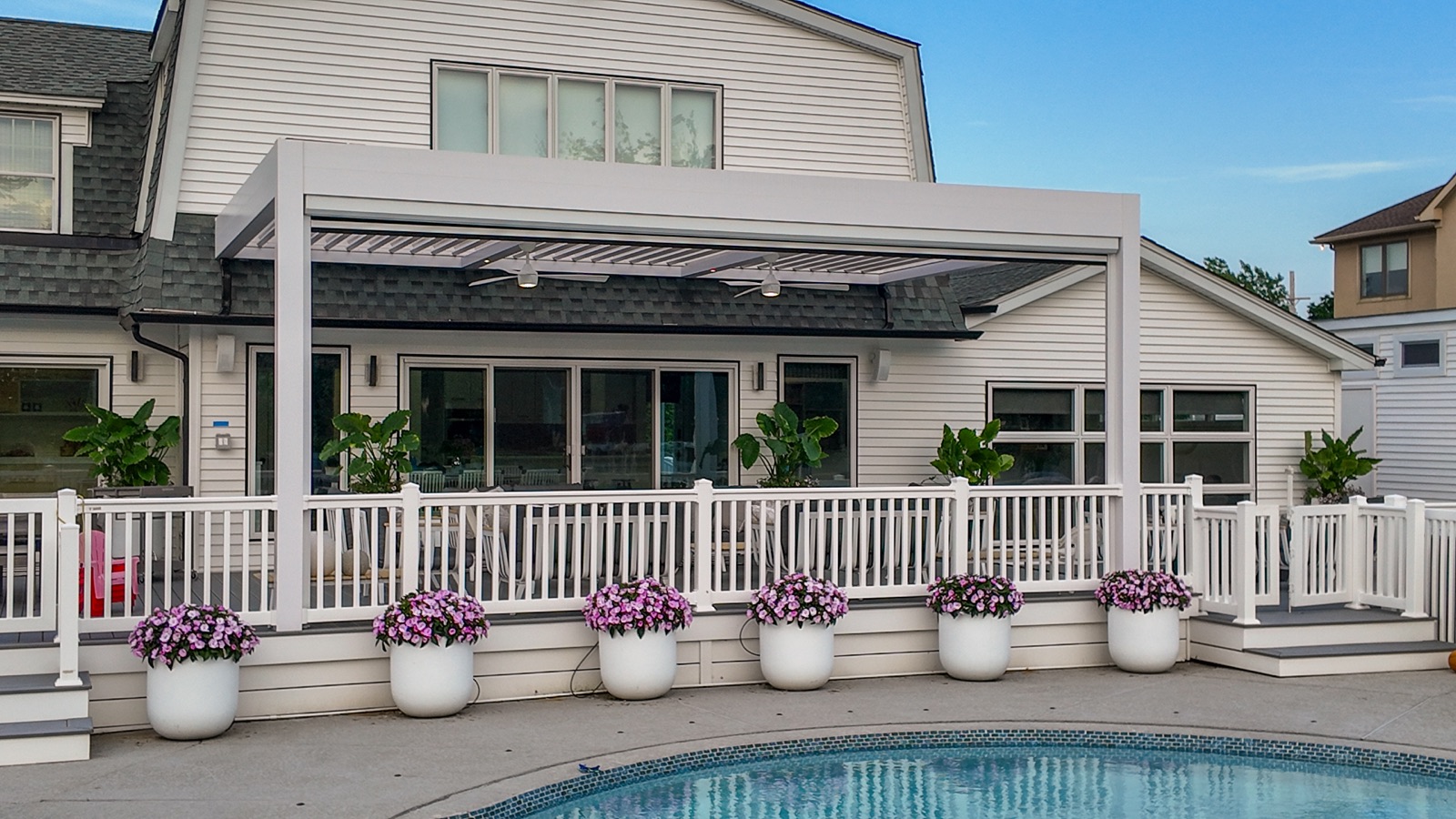 modern poolside pergola — motorized retractable shade pergola in Long Branch, NJ