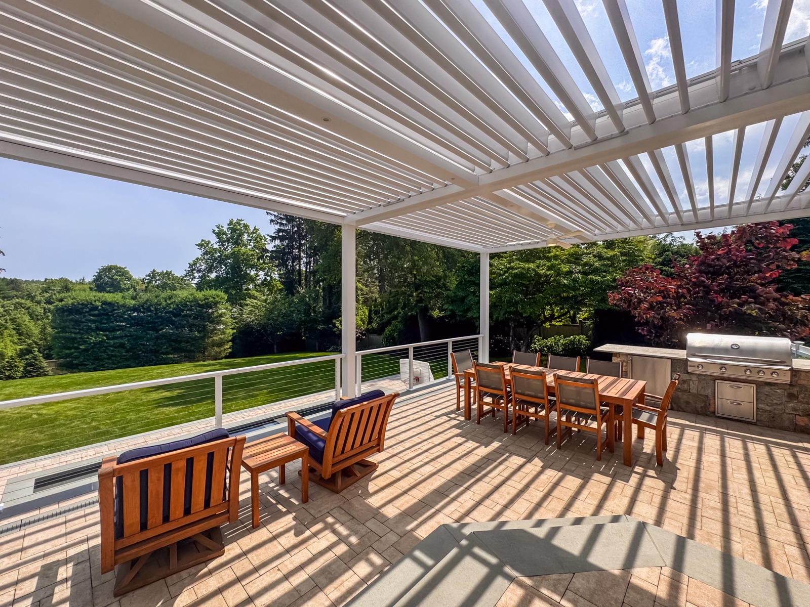Westport, CT smart pergola — poolside terrace, year-round comfort — detail view