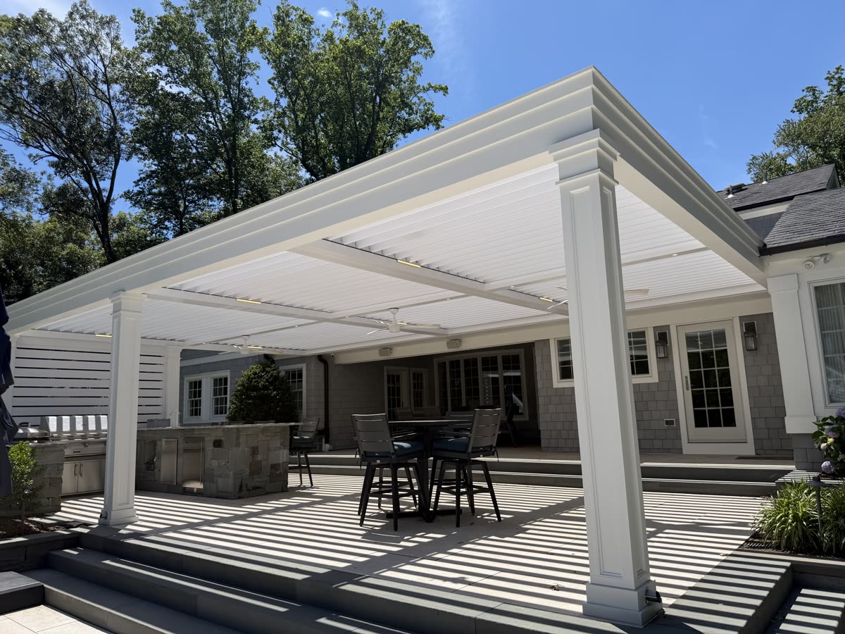 Custom Motorized Pergola with Privacy Wall in Woodcliff Lake, NJ by Breslow