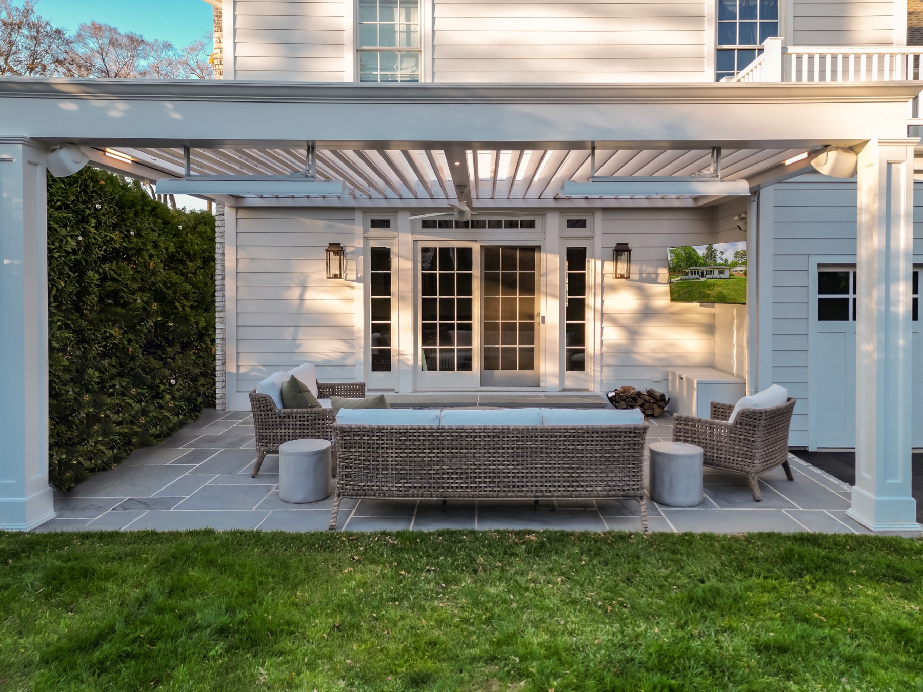 Transitional custom outdoor pergola, Manhasset, NY