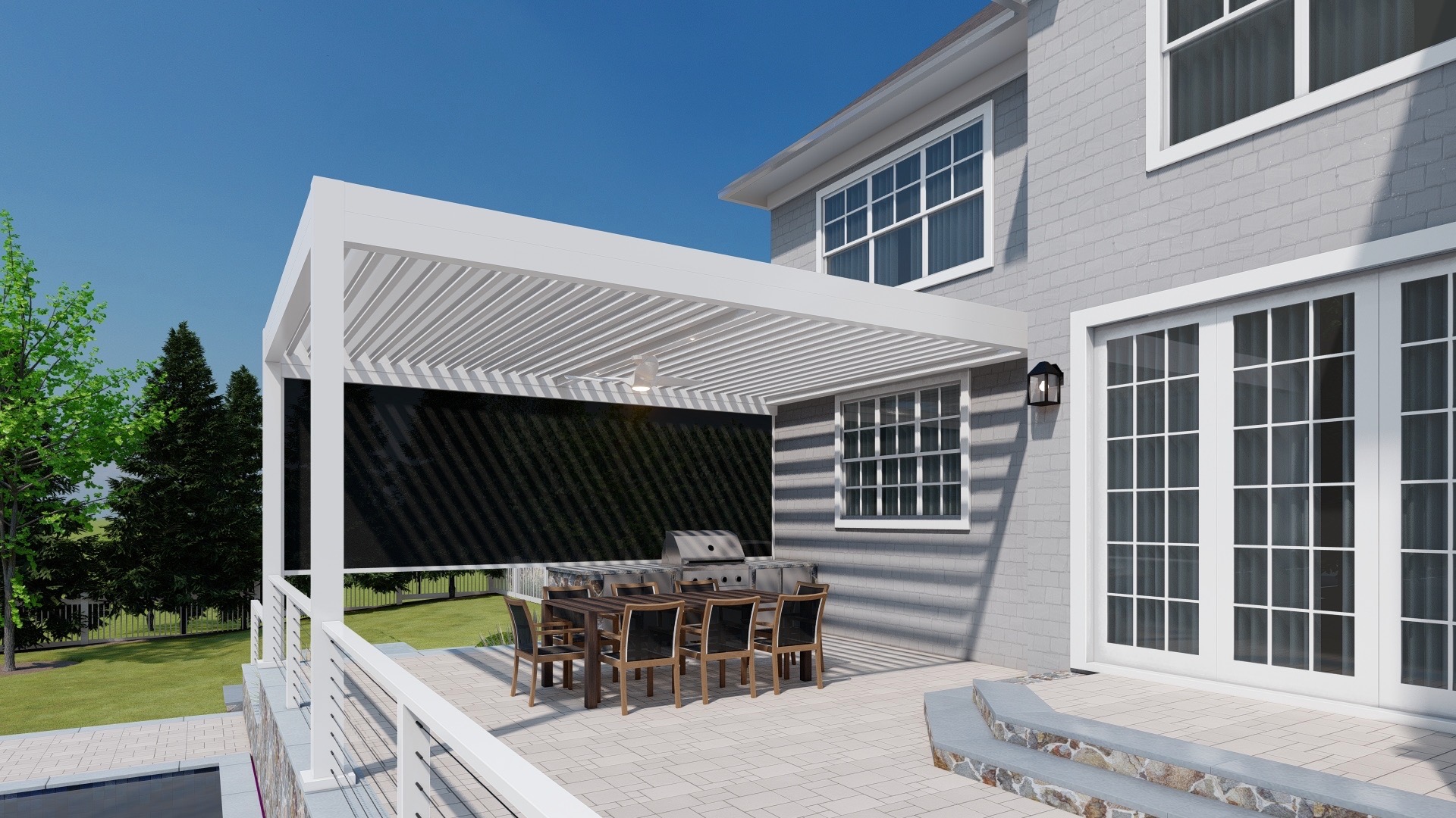 Breslow's blog img Breslow-Home-Design-White-motorized-pergola-over-deck-and-kitchen-with-one-shade 3
